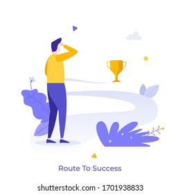 Man looking at golden goblet or champion cup at end of road. Concept of route to success, business competition or challenge, work goal achievement, career path. Modern flat vector illustration.