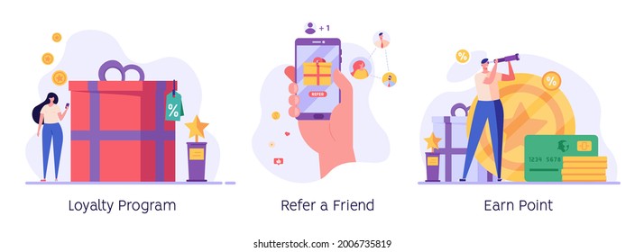 Man Looking For Great Deals, Gets Bonuses And Cashback. Concept Of Discount, Customer Service, Online Shopping, Earn Point, Loyalty Program, Refer A Friend. Vector Illustration In Flat Design