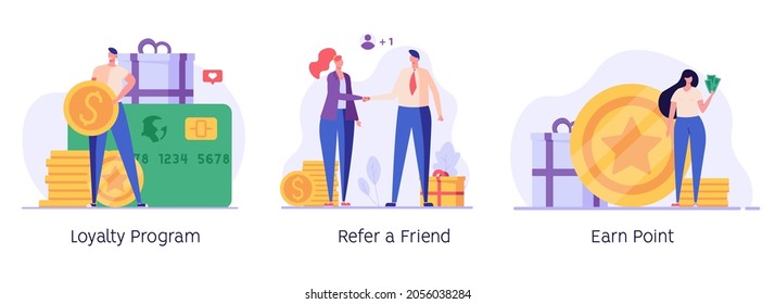 Man Looking For Great Deals, Gets Bonuses And Cashback. Concept Of Discount, Customer Service, Online Shopping, Earn Point, Loyalty Program, Refer A Friend. Vector Illustration In Flat Design