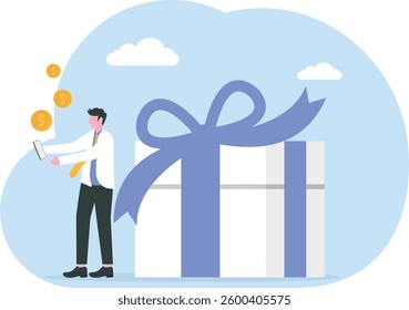 Man looking for great deals, gets bonuses and cashback. Concept of discount, customer service,

