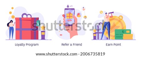 Man looking for great deals, gets bonuses and cashback. Concept of discount, customer service, online shopping, earn point, loyalty program, refer a friend. Vector illustration in flat design