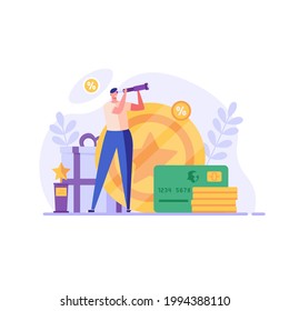 Man is looking for great deals, sales, gets bonuses and cashback. Concept of discount and loyalty card, customer service, online shopping, earn point. Vector illustration in flat design