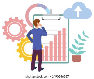 Man looking at growing graphs at clipboard, cloud storage sign, cogwheels and plant in pot. Vector male manager back view, financial statistics, business education. Vector illustration in flat cartoon