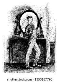 A man looking himself into hand mirror and big mirror behind him, vintage line drawing or engraving illustration
