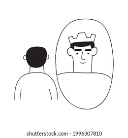 Man looking at himself in mirror. Success concept. Outline illustration on white background. 