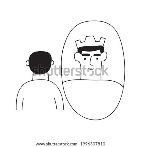 Man looking at himself in mirror. Success concept. Outline illustration on white background. 