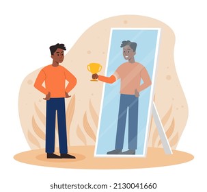 Man looking himself. Young guy in front of mirror, optimism, positive psychology and self confidence. Reflection rewards character with goblet, internal winner. Cartoon flat vector illustration