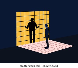 A man looking at his imprisoned shadow in wall, mental health trap illustration
