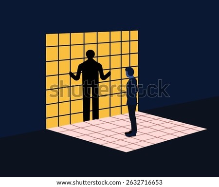 A man looking at his imprisoned shadow in wall, mental health trap illustration