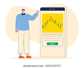 Man looking at his phone screen wants to buy digital cryptocurrency. Character design. Vector flat illustration