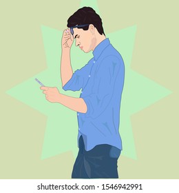 Man looking at his phone vector, Vector portrait of handsome young man with mobile phone.