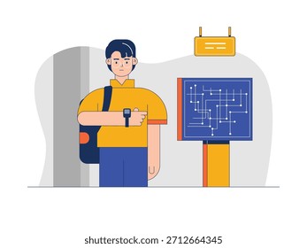 Hombre mirando su reloj porque llega tarde a la estación de tren, esperando su viaje. Diseño de personajes. Ilustración plana de Vector