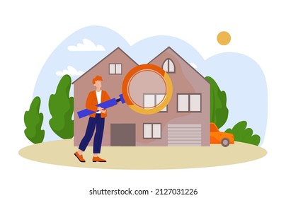 Man looking for home. Real estate investment and financial literacy. Young guy holding magnifying glass or loupe. Asset valuations, new housing, investigation. Cartoon flat vector illustration