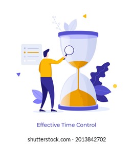 Man looking at hourglass through magnifying glass. Concept of effective time control, tracking and monitoring, task management, work planning, productivity. Modern flat vector illustration for banner.