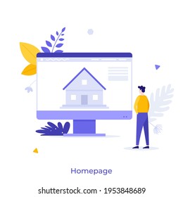 Man looking at house building on computer screen or display. Concept of homepage, starting page by default, main webpage or website in web browser. Modern flat colorful vector illustration for poster.