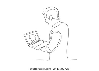 Man looking at house via smart home application on laptop.Individual monitoring home electricity one-line drawing