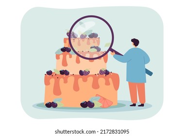 Hombre mirando la torta gigante a través de la lupa. Chef pastelero mirando la tarta festiva de esponja con bayas ilustraciones planas vectoriales. Ocupación, concepto de partido para banner, diseño de sitio web o página web de aterrizaje