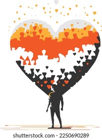Man looking at a huge heart for valentines day because he's in love
