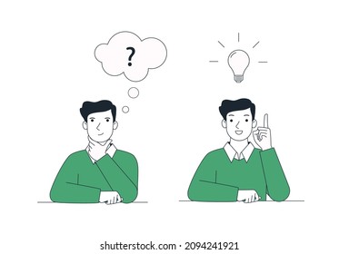 Man is looking for an idea, pondering a question. Flat vector illustration.