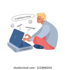 A man is looking for information in a laptop about the fall of the economy, about stock markets, exchanges and cryptocurrencies