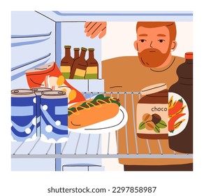 Man looking inside fridge with unhealthy snacks, fast junk food. Guy bachelor opening refrigerator door with beer bottles, alcohol drink tins, cans, hot dog, chips on shelf. Flat vector illustration