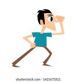 Man looking into the distance with his hand over his eyes, searching for solutions, on white isolated background. Vector illustration