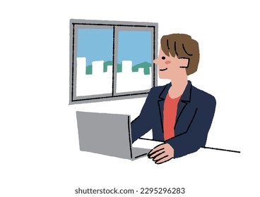 A man looking into the distance and resting his eyes Illustration about asthenopia and eye disease