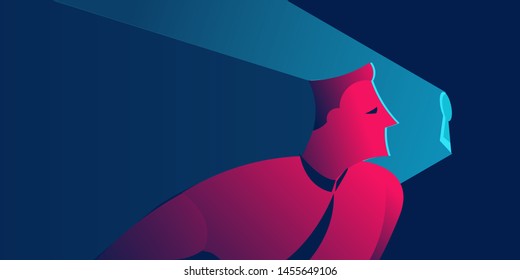 man looking into keyhole. non disclosure agreement, spying or information security concept in red and blue neon gradients