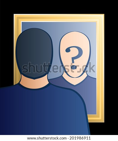 A man is looking into the mirror asking himself "Who am I?". In his face there is a big question mark to bring ones consciousness into question. Vector illustration.