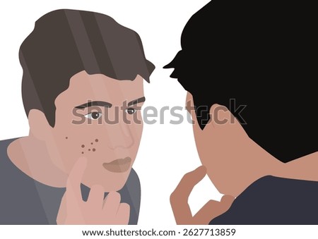 A man looking into a mirror, examining his face closely.
He is touching a spot with acne or pimples on his cheek, showing concern or frustration about his skin condition. Vector Flat Illustration