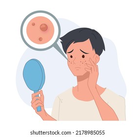 man looking into mirror,acne problem.skin problem. skin care concept. Flat vector cartoon character illustration.