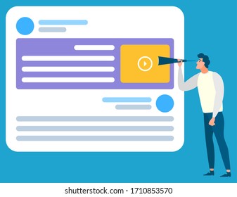 Hombre mirando la carta blanca con subtítulos. Sitio web para educación y negocios. Persona en ilustración vectorial de fondo azul en estilo plano