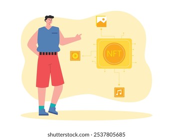 Man looking at investing in NFT images, videos and music. Character design. Vector flat illustration