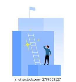 man looking at ladder before series of elevated levels. seizing opportunities, taking the next step, reaching goals. Concept of opportunity within reach, personal growth, career advancement
