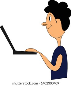 Man is looking at laptop hand drawn design, illustration, vector on white background.