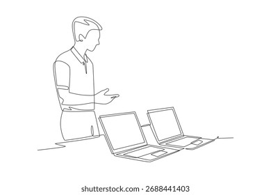 Homem olhando laptop na loja. Explorando laptops no conceito de loja desenho de uma linha