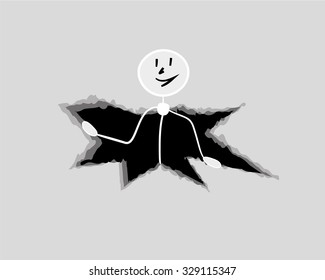 man looking from large black hole in gray paper background