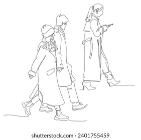 Man looking left at beautiful woman and holding his girlfriend hand. Woman on high heels using phone on the go. Wearing coats. Line art style vector.