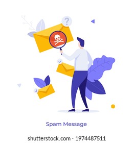 Man looking at letter in envelope through magnifying glass and seeing skull and crossbones. Concept of spam message, suspicious e-mail, online safety or security. Modern flat vector illustration.