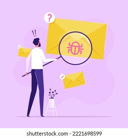 Man looking at letter in envelope through magnifying glass and seeing virus, malware. Concept of spam message, suspicious e-mail, online safety or security, flat vector illustration