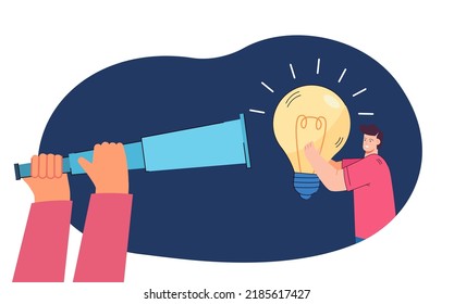 Man looking at lightbulb through spyglass. Person searching for creative ideas, brainstorming flat vector illustration. Innovation, startup concept for banner, website design or landing web page