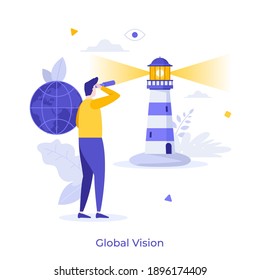 Man Looking A Lighthouse Through Binoculars. Concept Of Global Vision, Strategic Thinking In International Business, Visionary Leader Or Entrepreneur. Modern Flat Vector Illustration For Poster.