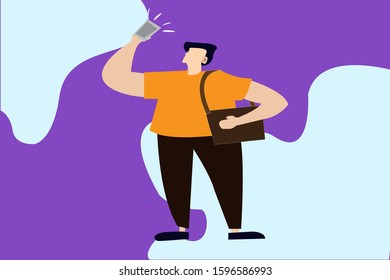 A Man Looking For A Lost Cellphone Signal. Flat Design Style