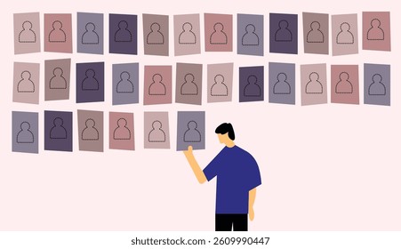 Man looking at lots of missing person posters collection illustration