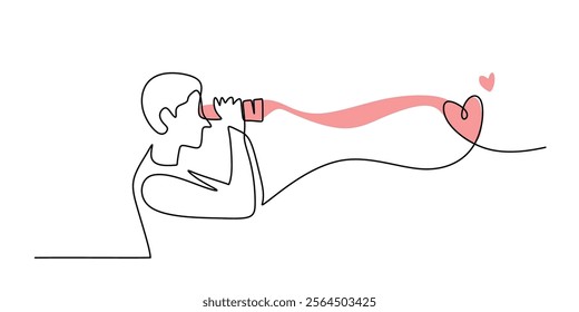 A man looking at a love symbol through binoculars in continuous line drawing. Symbolizing the search for love, desire, and hope for connection. Vector illustration hand drawn.