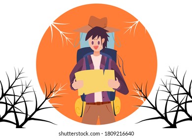 A man looking at the map  While carrying a backpack, travel on the back, vector lifestyle travel and relax
