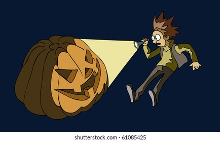 A man, looking for a mellow, ripe pumpkin, got frightened by the one with the face suitable for Halloween celebration