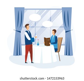 Man Looking at Menu Book, Making Food Order to Waiter at Restaurant. Hospitality Demonstration. Professional Guest Catering Service. Dialog between Visitor and Garcon. Vector Flat Cartoon Illustration