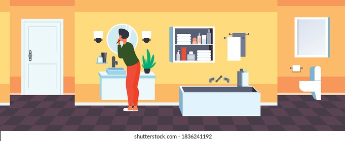 man looking to mirror brushing teeth with toothbrush health care dental hygiene concept modern bathroom interior rear view horizontal full length vector illustration