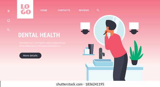 man looking to mirror brushing teeth with toothbrush in bathroom health care dental hygiene concept rear view horizontal copy space vector illustration